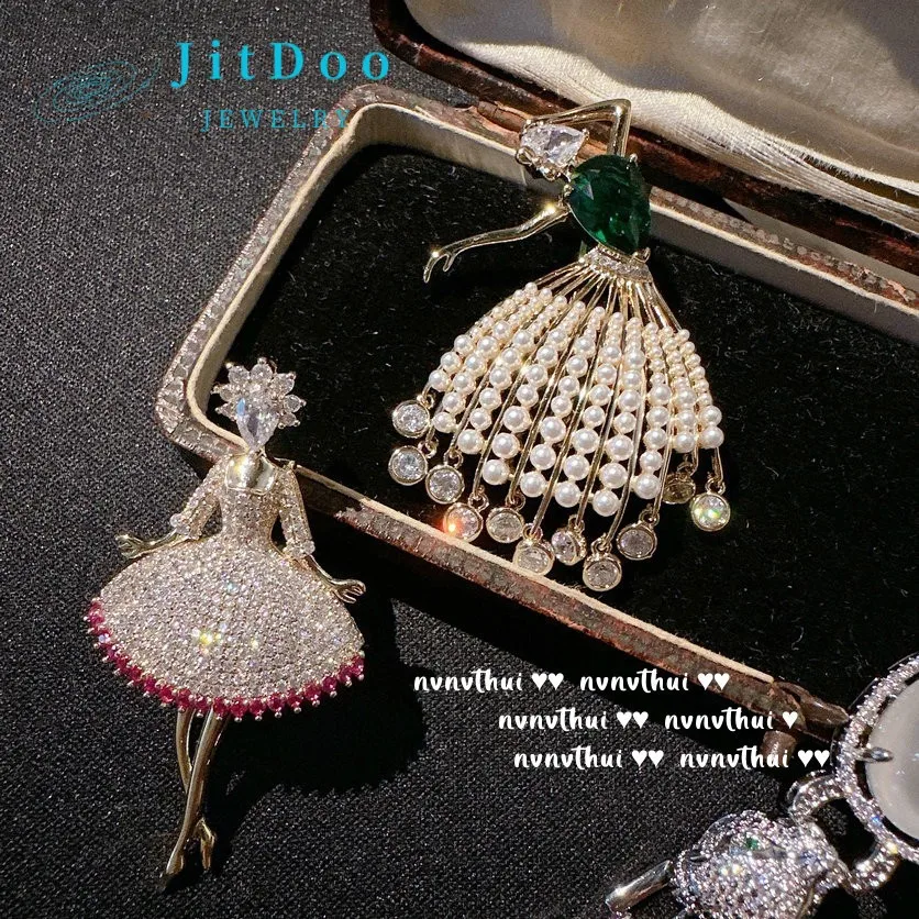 JitDoo Pink Green Princess Brooch Pearl AAAAA Zircon 18K Gold Plated Luxury Jewelry for Women Shirt Collar Dress Accessories