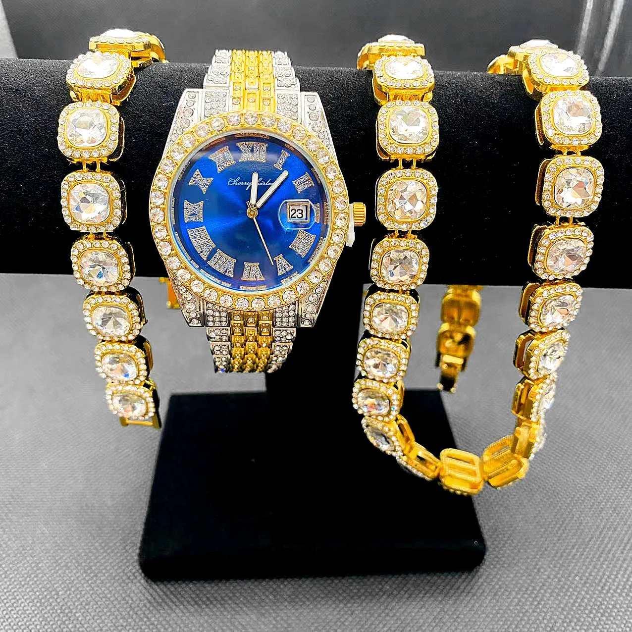 3pcs Full Iced Out Watches Mens Gold Cuban Tennis Chain Bracelet Necklace Bling Watch for Men HipHop Jewelry Men Watch Clock Set