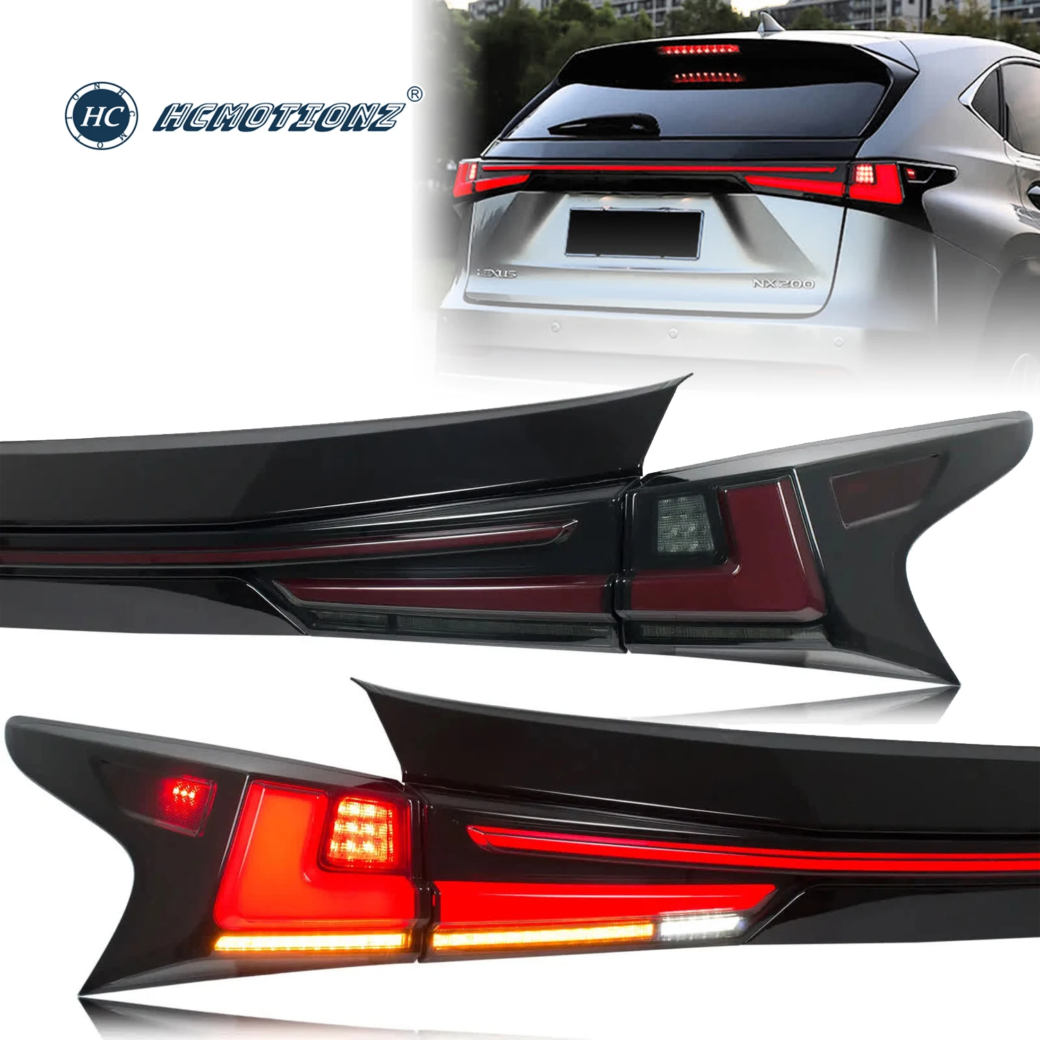 

HCMOTIONZ LED Tail Lights Assembly for Lexus NX200 NX300 2014-2022 NX 200T 300H with Middle Lamp Car Back Lamps Animation DRL