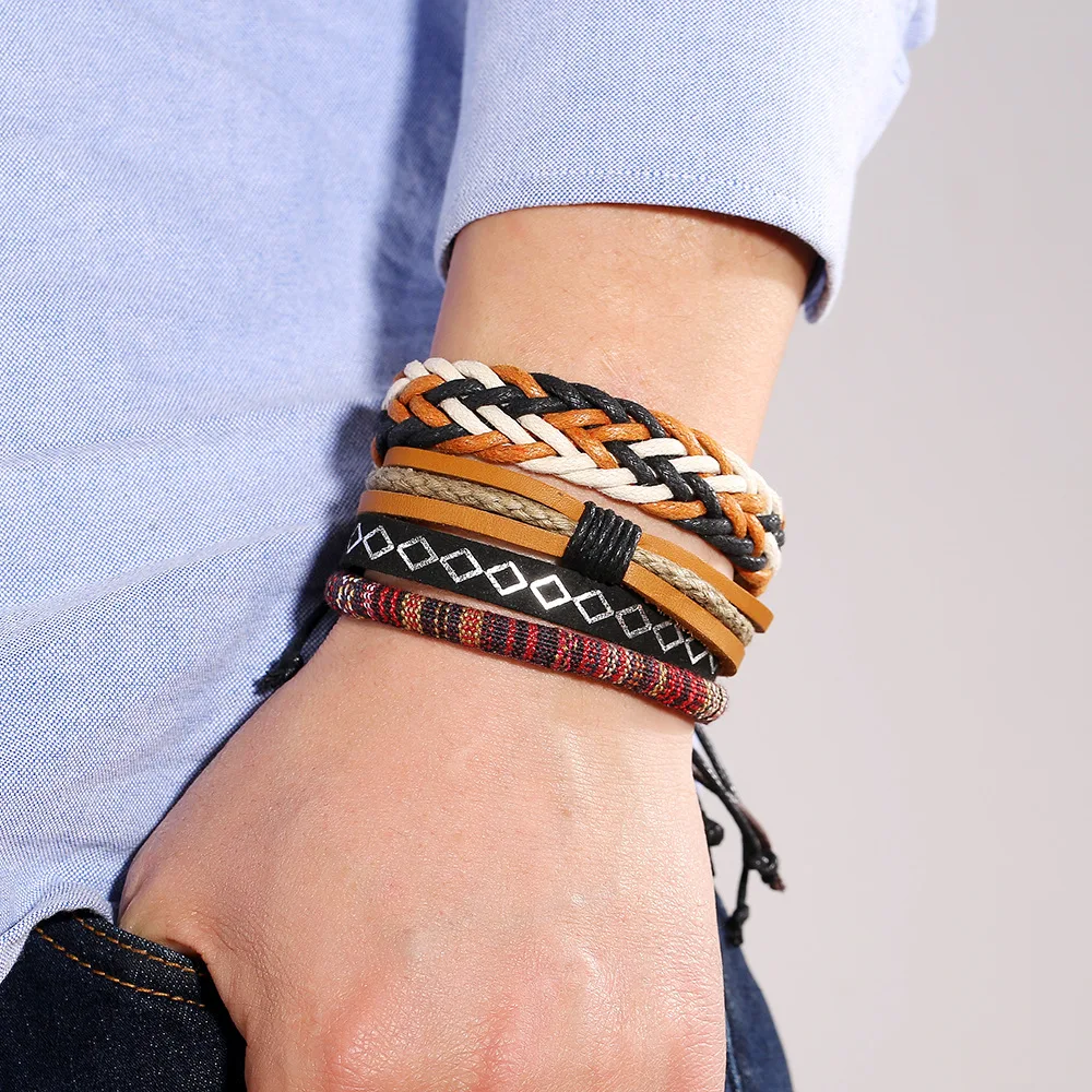 مجموعة أساور جلدية منسوجة يدويًا بأسلوب عتيق، أساور حبل بأسلوب بوهيمي، إكسسوار مجوهرات عصري شائع #5