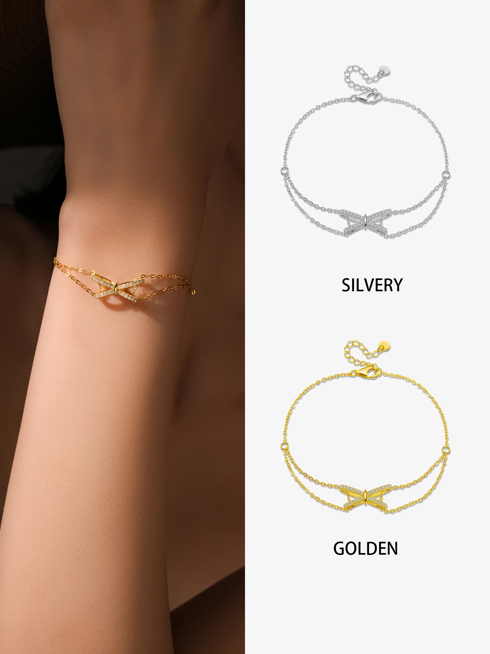 

ANDYWEN 925 Silver Bow Bracelet, Double Layer Full CZ Design, Sweet Jewelry Gift Box for Women, Everyday Gift Wear