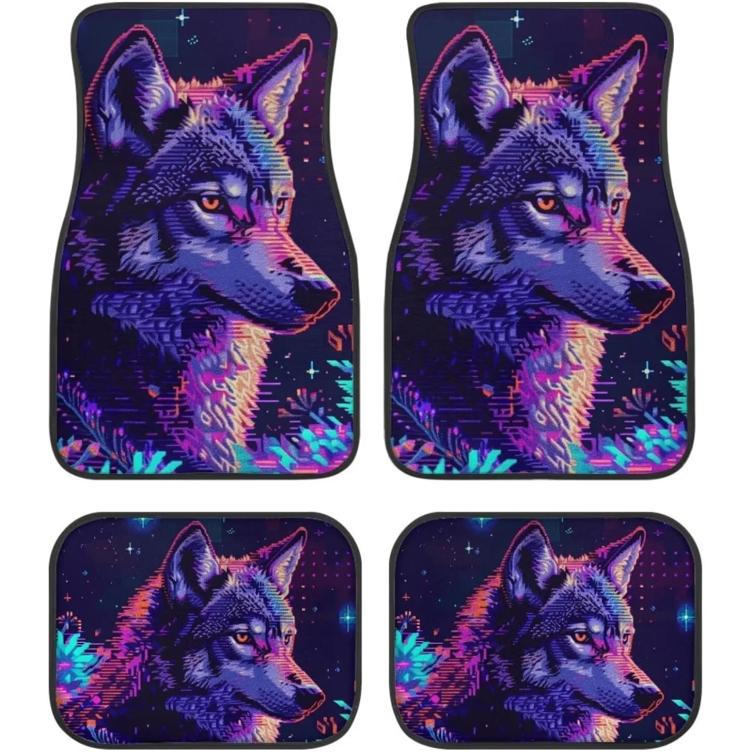 Pixel Wolf Print Vibrant Pattern Car Floor Mats 4pcs, Front & Rear Automotive Floor Mats, Universal Fit Design, Stylish Floor M