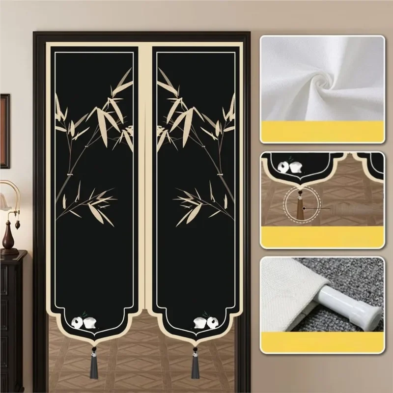 Cortina decorativa para puerta de estilo chino, cortina tela con bloqueo sin taladro para puerta entrada del hogar, cocina