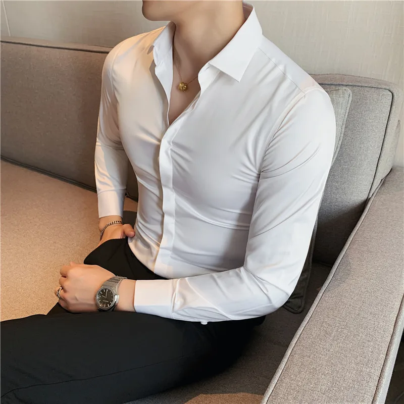 High Elasticit Long Sleeve Men Shirts 2023 Autumn Slim Fit Camisas Solid Casual Formal Dress Shirt Business Fashion Men Clothing