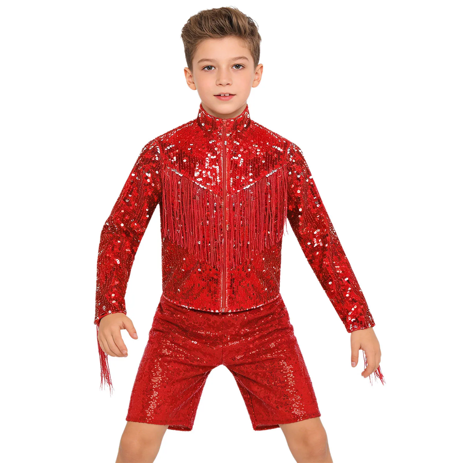 

Kids Boys Jazz Dance Glittery Sequin Outfit Long Sleeve Tassel Jacket and Shorts Performance Costume for Dance Showcase Gala