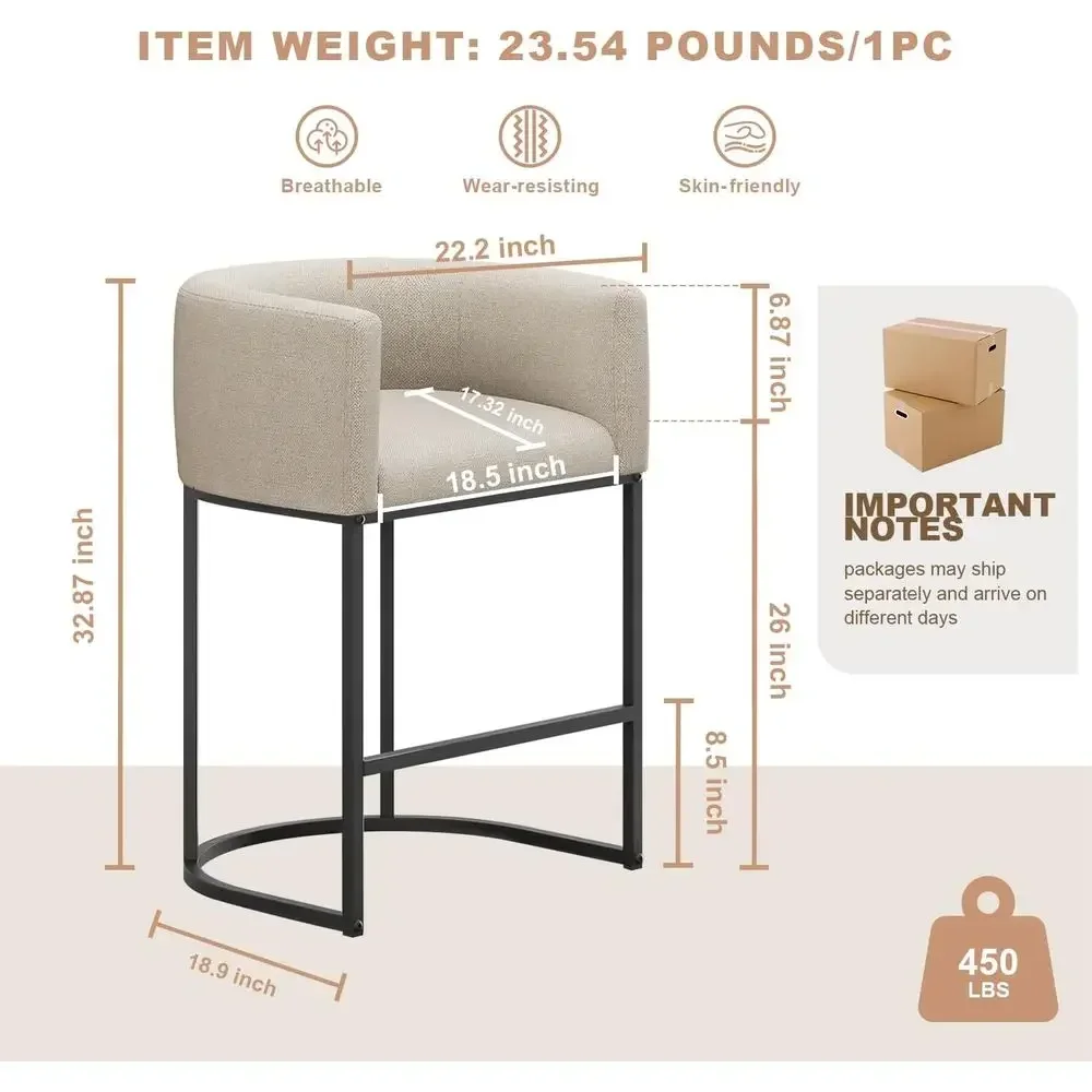 Set of 3 Linen-Upholstered Counter Height Bar Stools with Backrest and Arms, Beige view 2