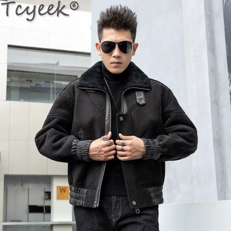 Tcyeek Mens Genuine Leather Jacket Winter Lamb Wool Jackets Man Clothes Fashion Warm Natural Sheepskin Fur Coats Casual Jaqueta