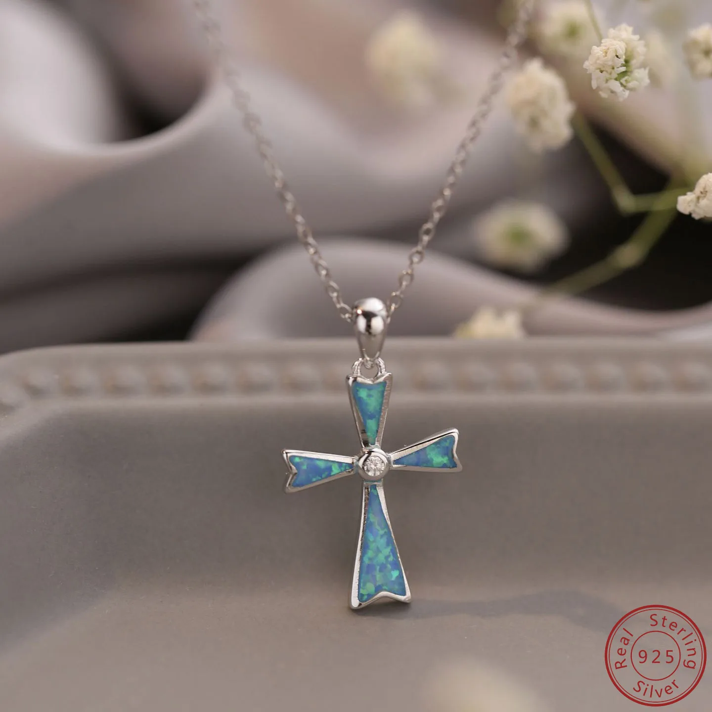 100% S925 Sterling Silver Cross Blue opal Chain European and American Fashion Versatile Personalized Men's and Women's Necklace