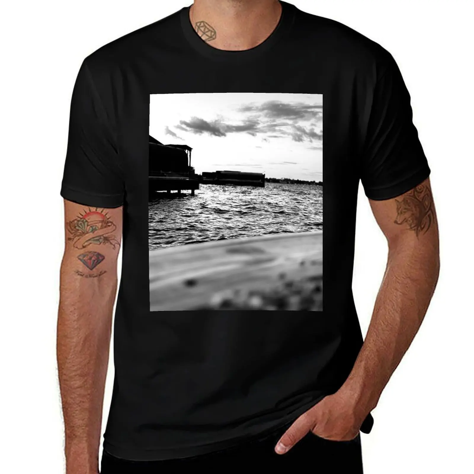 

Black and White Lake Photography T-Shirt street wear gifts for boyfriend funny shirt cotton mens fashion