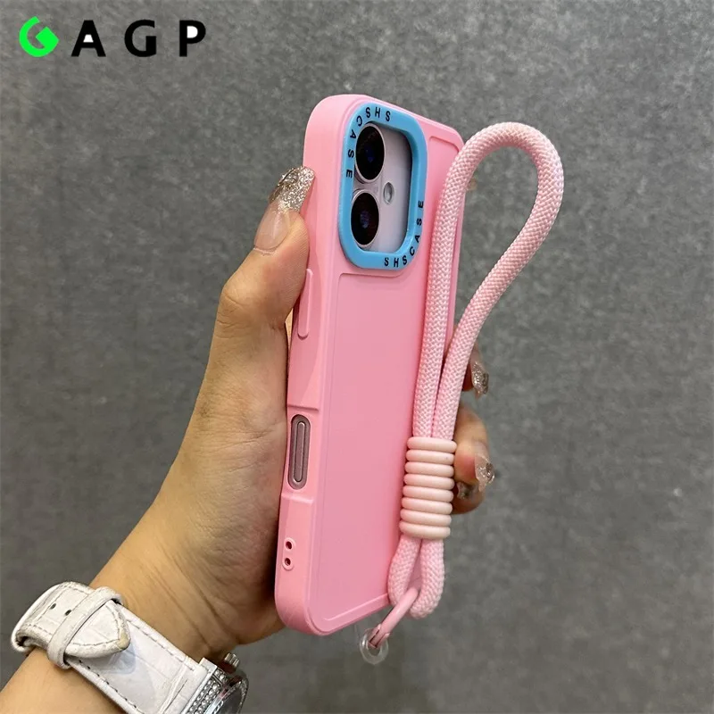 Luxury Collision Color Lanyard Case for iPhone 16 15 Pro Max 14 13 12 11 XR XS Max 16 Plus Hand Wrist Strap Matte Soft Cover