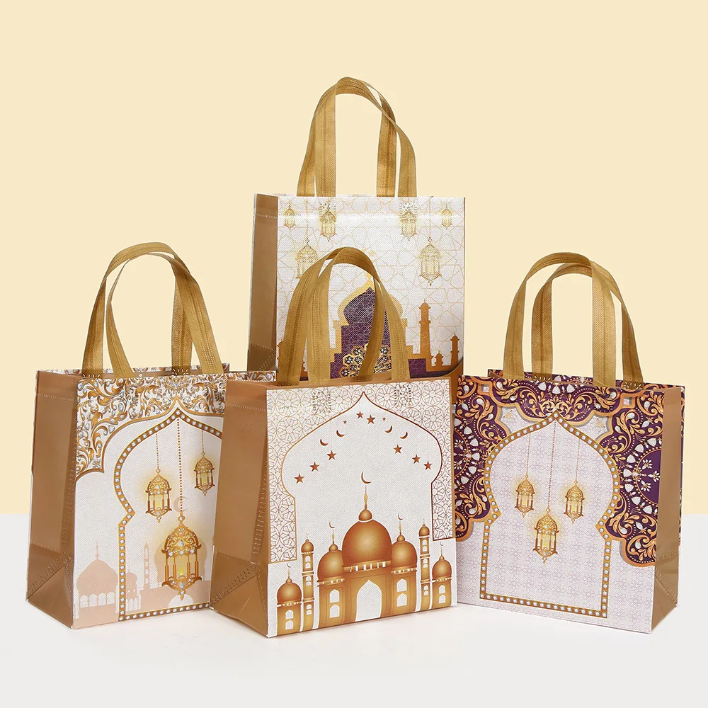 Sac d'emballage cadeau Non tissé thème Eid Mubarak, 6 pièces, fourre-tout de Shopping château de lune doré pour décoration de fête musulmane islamique du Ramadan