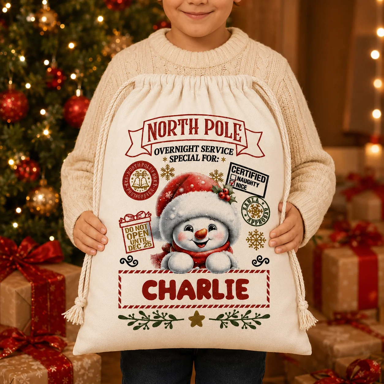 Custom Name Christmas Sack for Kids, Cute Snowman North Pole Gift Bag, Personalized Drawstring Xmas Present Bag