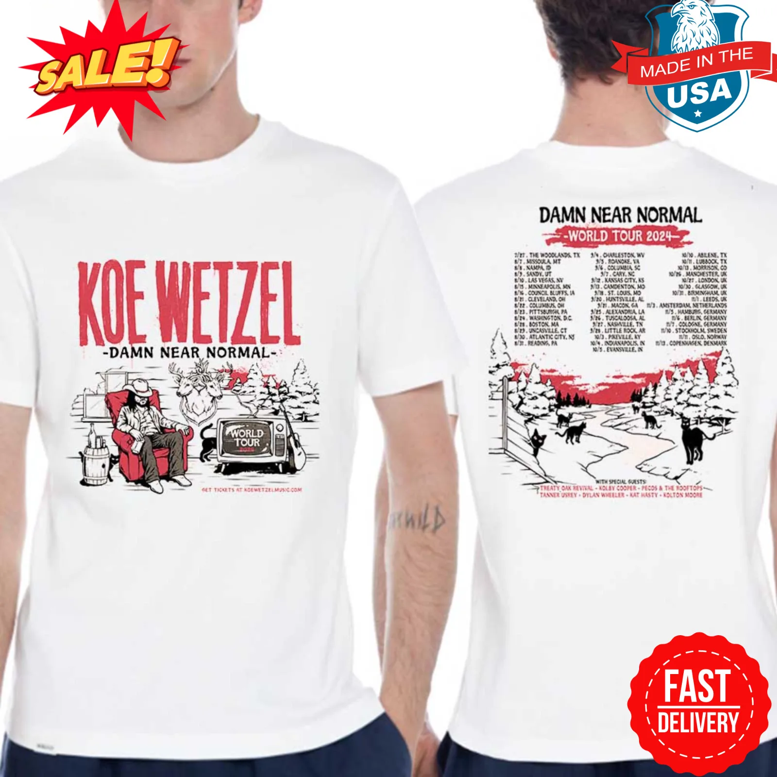 Koe Wetzel Damn Near Normal World Tour 2024 Two Sided T-Shirt