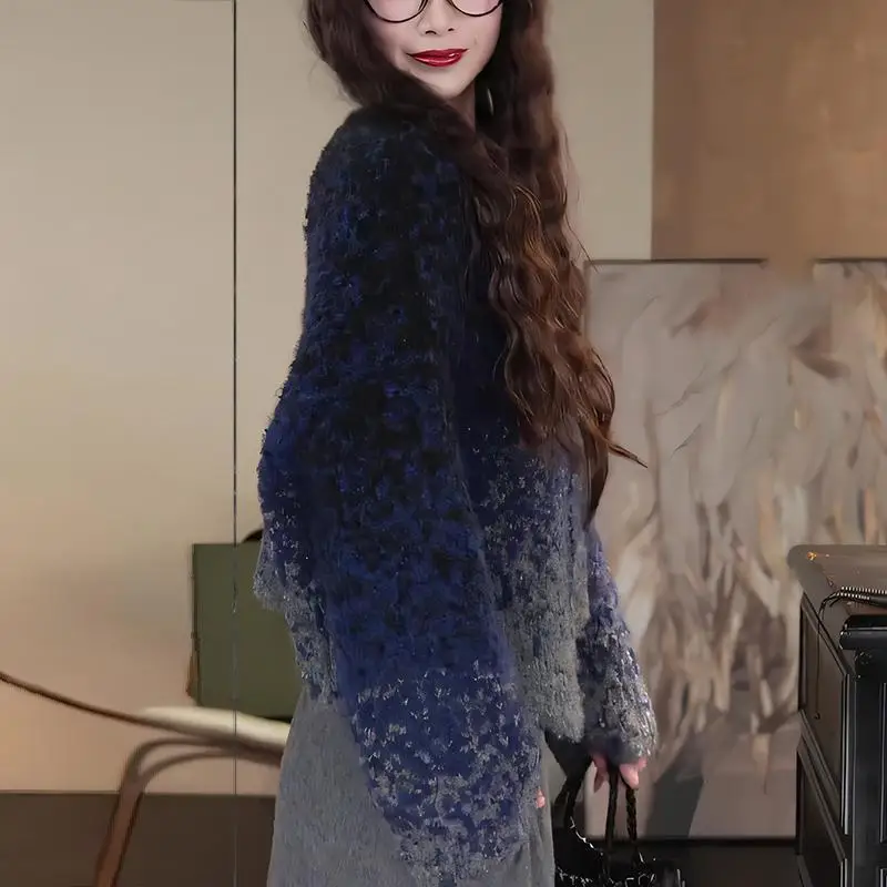 فتاة سترة مشغولة من الصوف امرأة الموضة التدرج طويلة الأكمام سترة ربيع الخريف الملابس الدوبامين معطف غير رسمي الفتاة هدية جديد #6