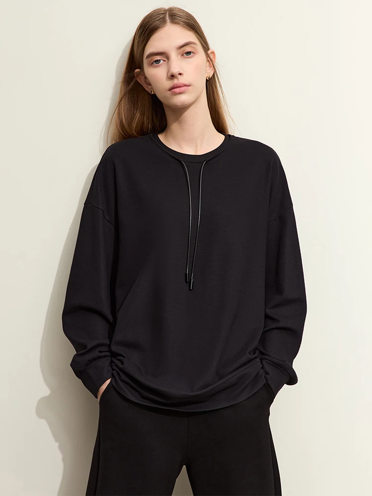 AMII Minimalist Sporty Hoodies for Women 2024 Spring New Loose Cozy Bottom Shirt Trendy Crewneck Draw String Pullovers 12421006