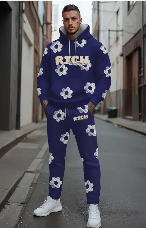 

2025 Autumn Trendy New Sweatshirt Sweatpants Set Men's Loose Casual Fit Printed Hundred Long Sleeve Sweatshirt 2 piecesSet