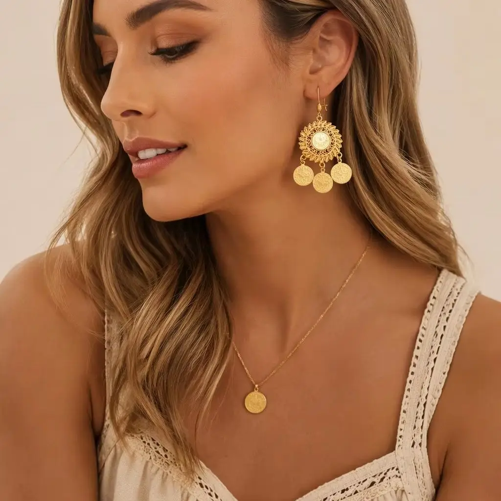 KDE Vintage Boho Ethnic Floral Earrings, Gold Plated Turkish Coin Fashion Accessories, Suitable for Weddings & Daily Wear #00479 view 4