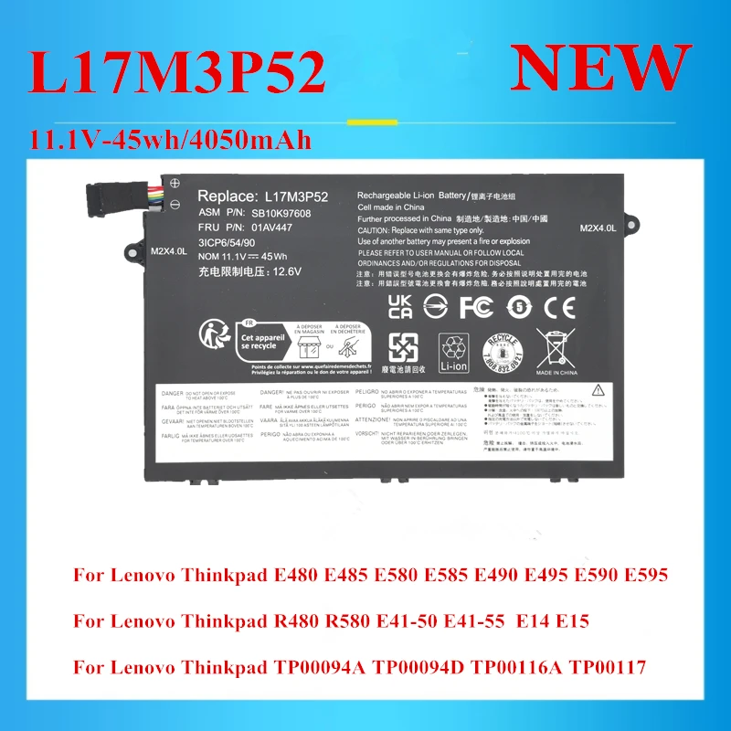 New L17M3P52  battery for Lenovo Thinkpad E480 E490 R480 R580 E41-50 E41-55 L17L3P51 L17C3P51 L17M3P51 01AV446 01AV447 01AV448