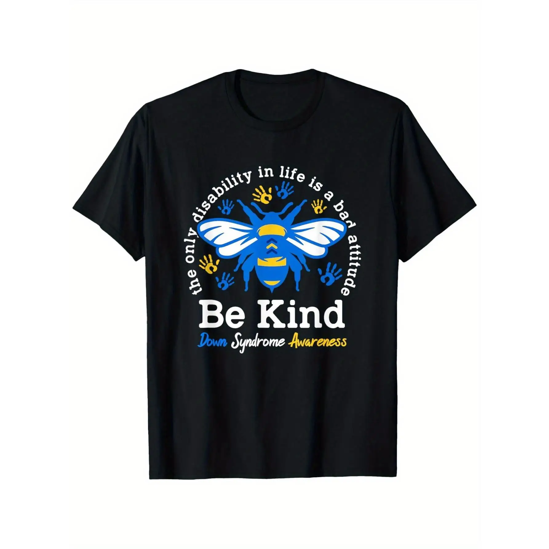 

Down Syndrome Awareness T-Shirt Be Kind Bee Print Short Sleeve Blue Yellow Handprint Public Awareness Top Unisex