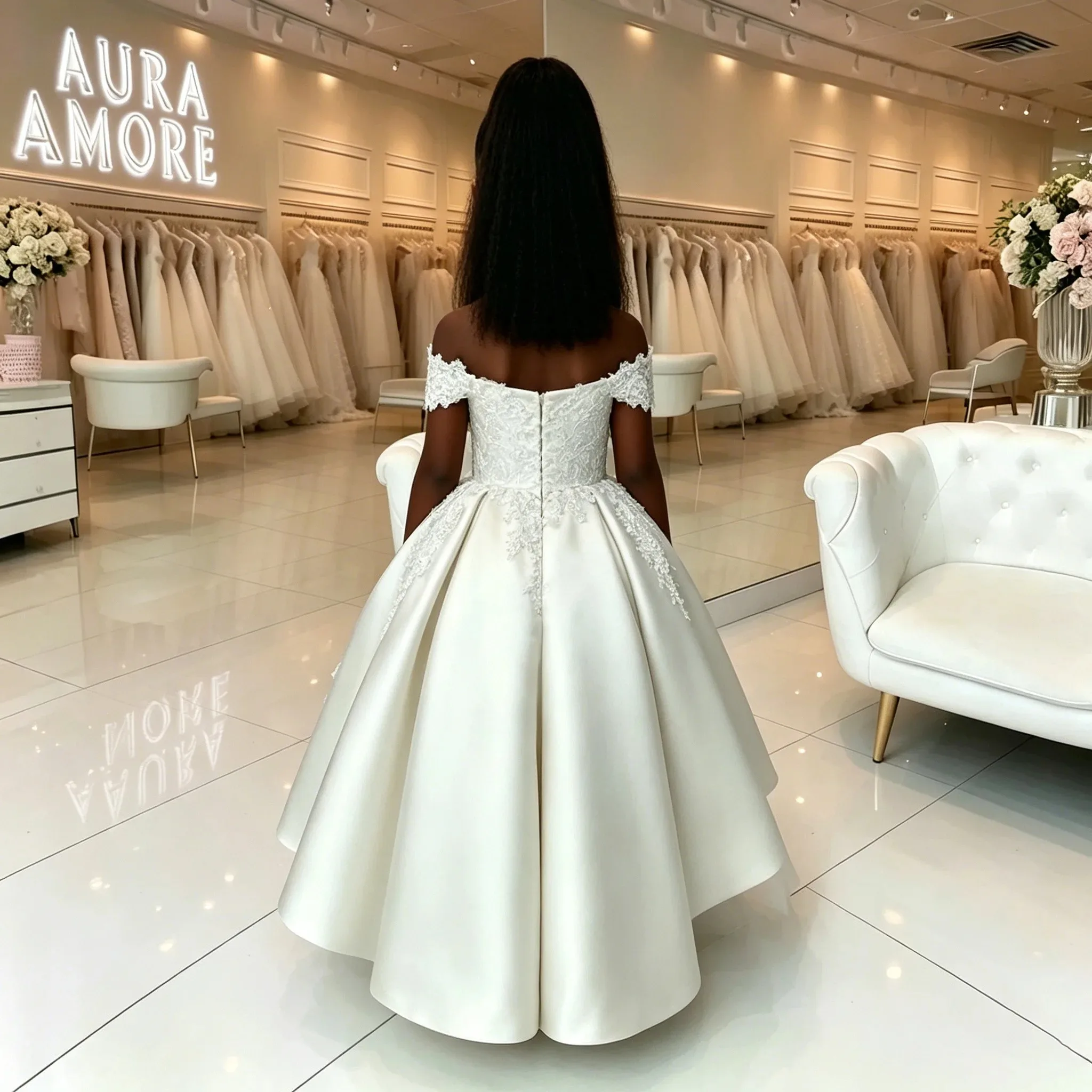 Maßgeschneidertes Großhandels-Elfenbein-Blumenmädchenkleid für Hochzeiten, Puffiges Satin-Spitzenapplikations-Kinderkleid für Geburtstagsfeiern, Erstkommunion, Ballkleid – Detail 5
