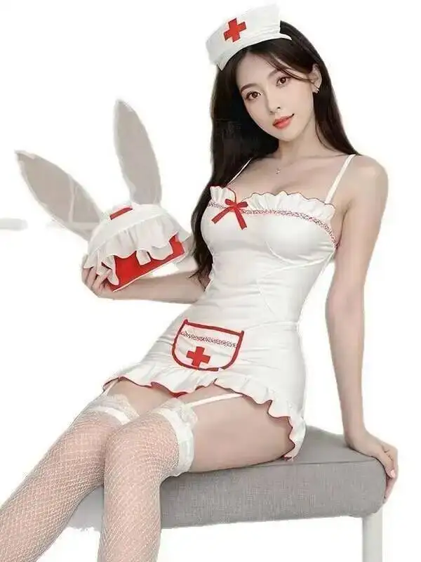 고양이 코스프레 섹시한 서스펜더 백리스 나이트 가운 코스프레 간호사 유니폼 드레스 우아한 화이트 패션 여성 2025 새로운 스위트 탑 G0RJ