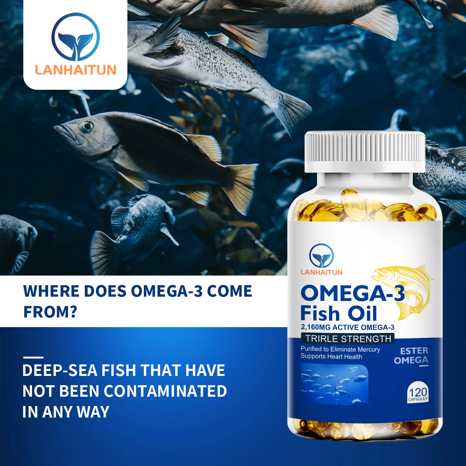 LANHAITUN Omega 3 Fish Oil Capsules Rich In EPA & DHA Support Brain & Nervous System Health, Antioxidant & Anti-Inflammation