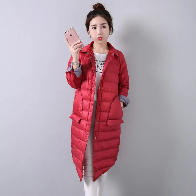 2022 Autumn Winter Women Midi Long Down Coat Ultra Light White Duck Down Jacket Parkas Female Slim Casual Warm Puffer Outwears