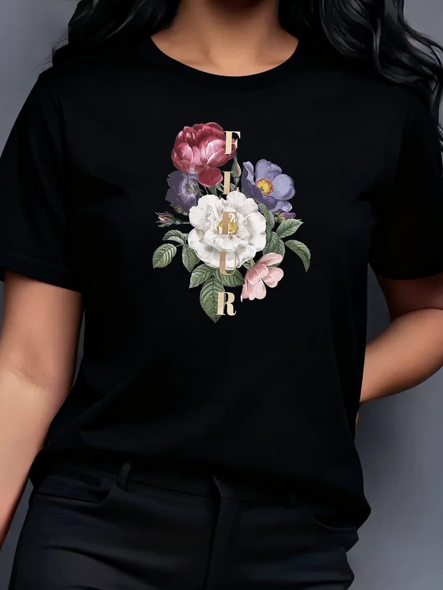 

Floral print pattern Print 100%cotton T-shirt Girl Tops Short Sleeve Streetwear Women Crew Neck Tees Female