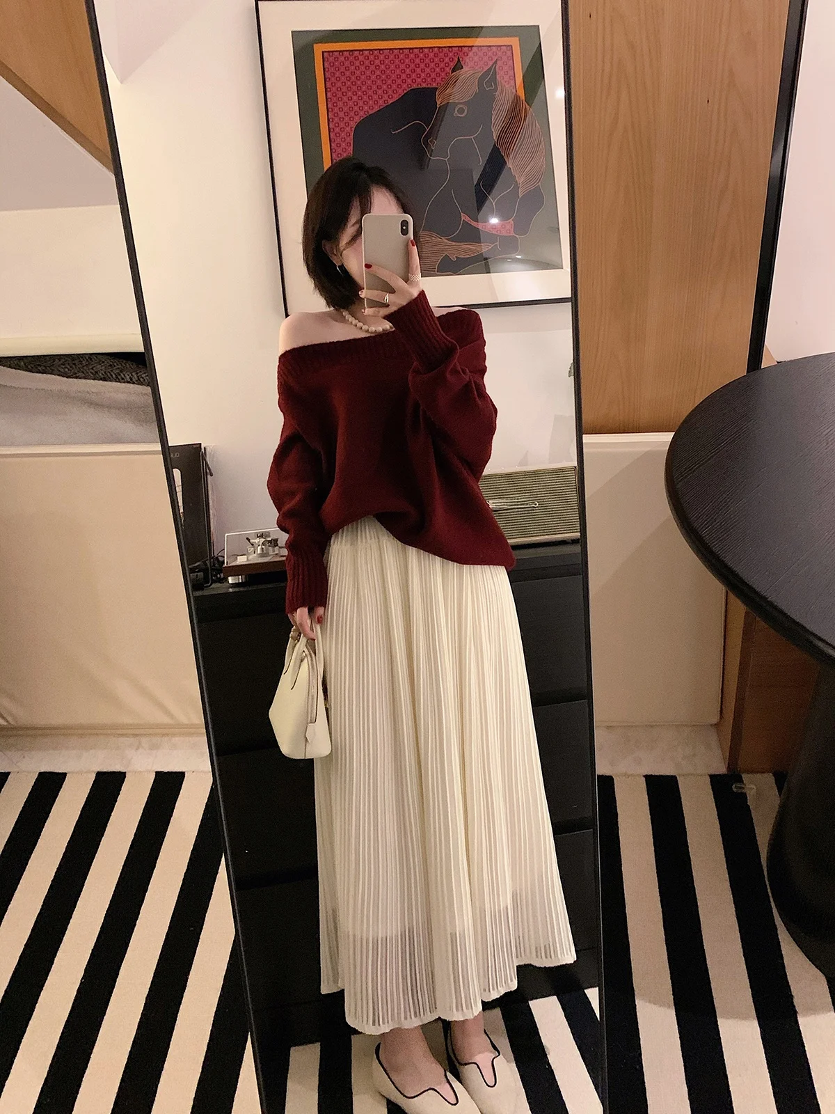 

Misslady Vintage High Waist Knitted Midi Skirt Women's Autumn Loose Fit A-Line f-length Slimming Vertical Stripes