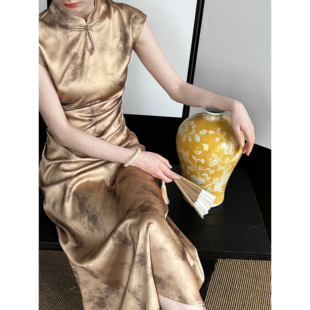 Estate Nuovo Stile Cinese Qipao Vestito Delle Donne Elegante Tie-Dye Jacquard Abito Midi con Vita Smocked Moderno Cheongsam Alla Moda