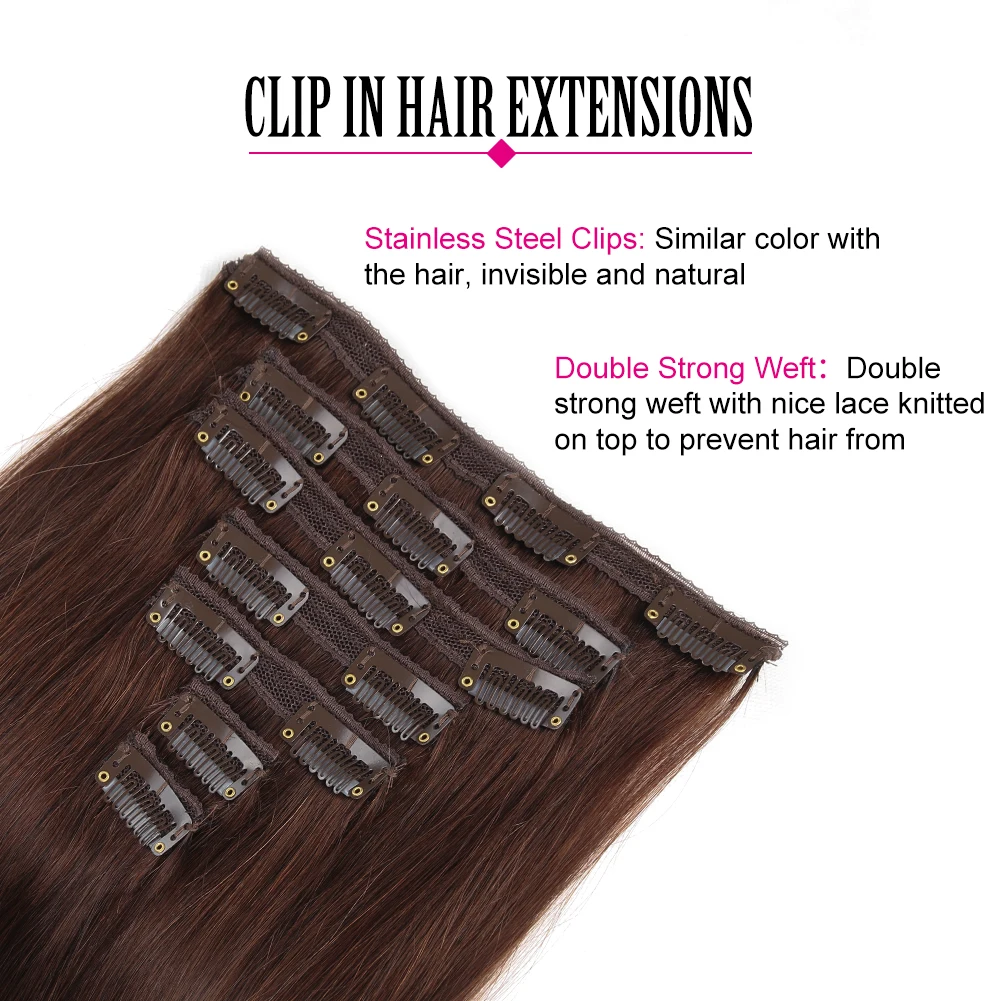 Clip In Hair Extensions Human Hair Brazilian Straight Clip In Chocolate Brown Color Skin Weft Seamless Invisible 100% Remy Hair