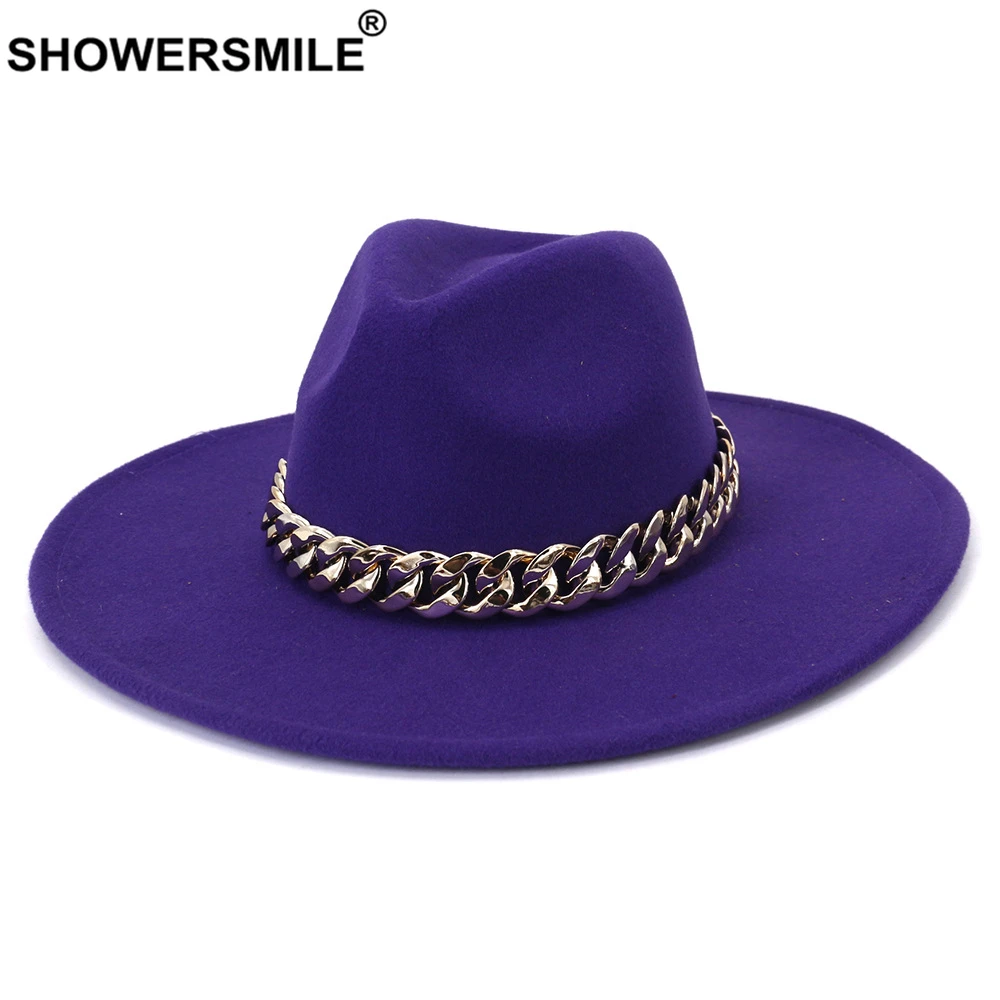 

SHOWERSMILE Purple Hats for Women Fedora Mens Hat Gold Chain Cowboy Cowgirl Wide Brim Jazz Caps Vintage Sombrero White Black