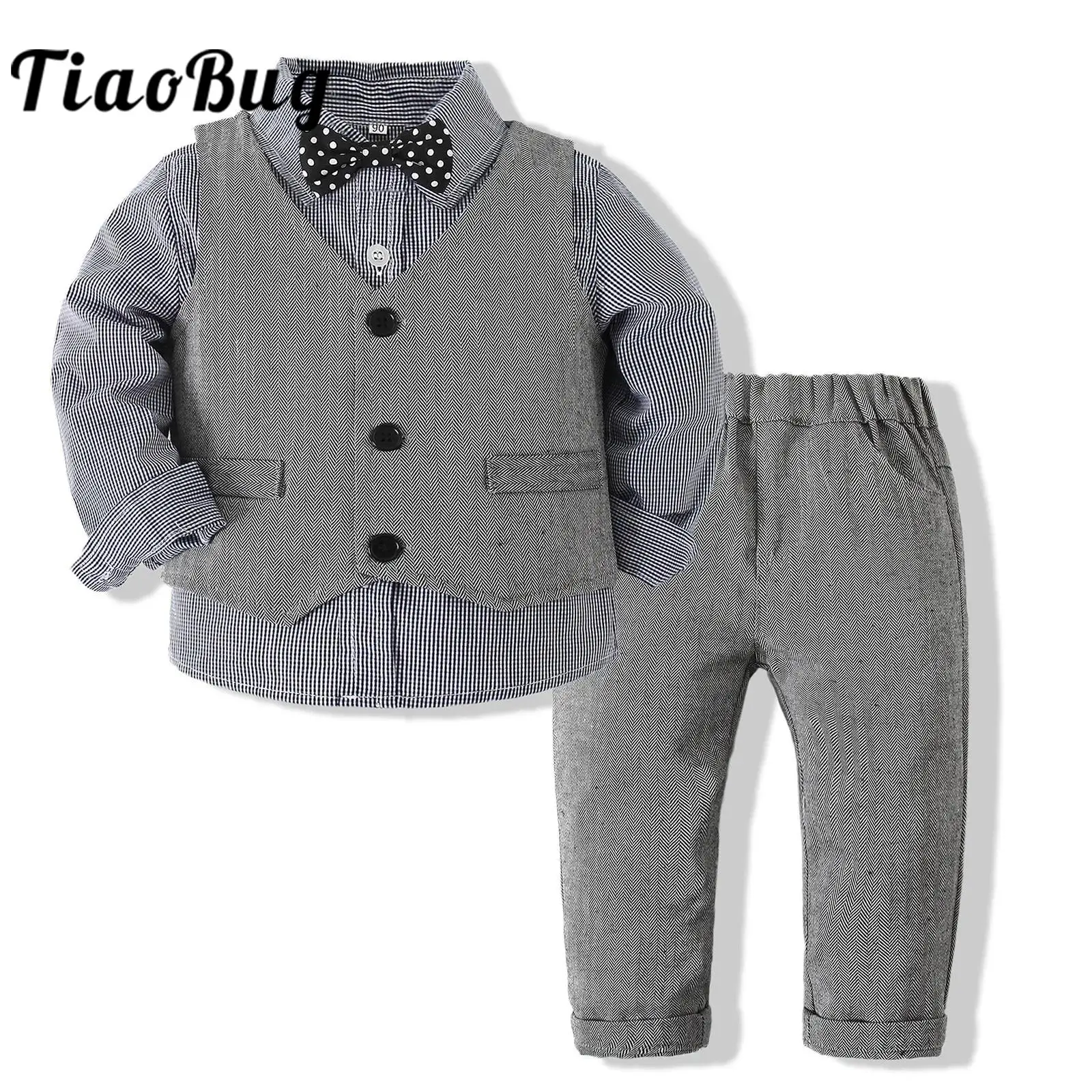 

Baby Boys Gentleman Outfit Long Sleeve Striped Shirt Bowtie Vest And Long Pants Kids 4-Piece Christening Suit for Birthday Party