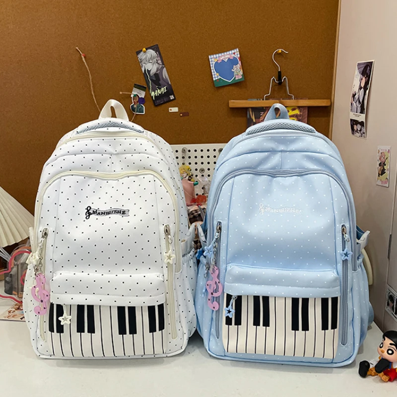 Musical Piano Keyboard Printed Student Backpack Nylon Polka Dot LargeCapacity Casual Bag High School University Campus Schoolbag