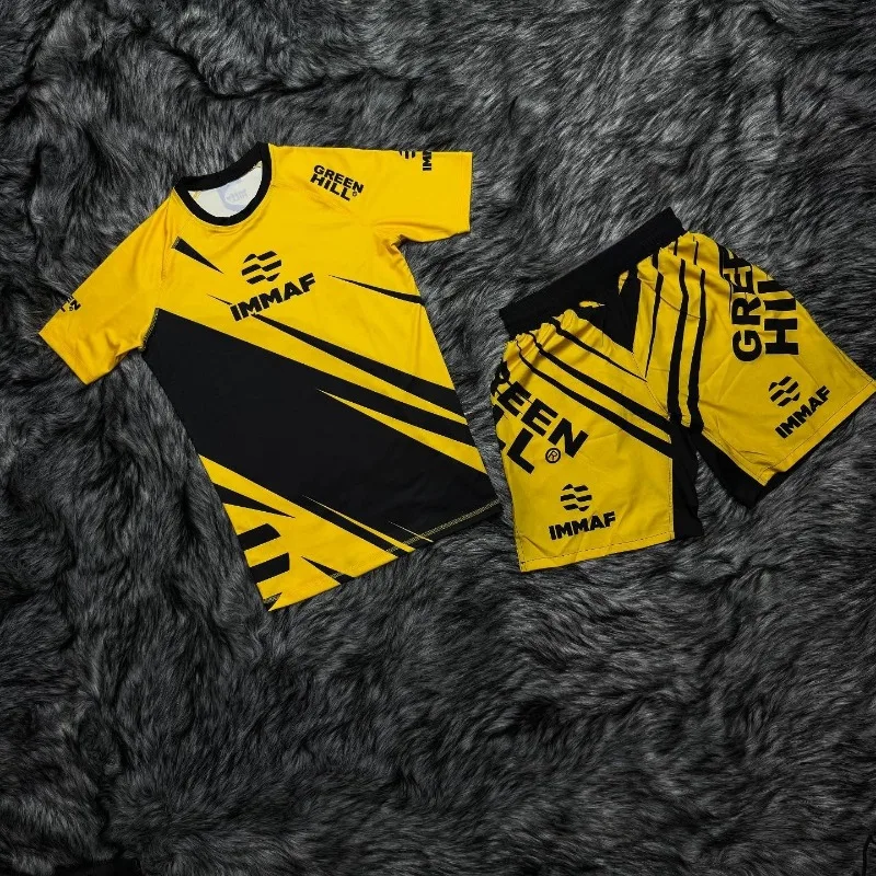 Novo Conjunto Esportivo IMMAF 2026 Masculino Preto e Rosa com Estampa Gráfica: Camisetas Rash Guard e Shorts de Secagem Rápida para Treino de BJJ e Combate – Adulto e Infantil