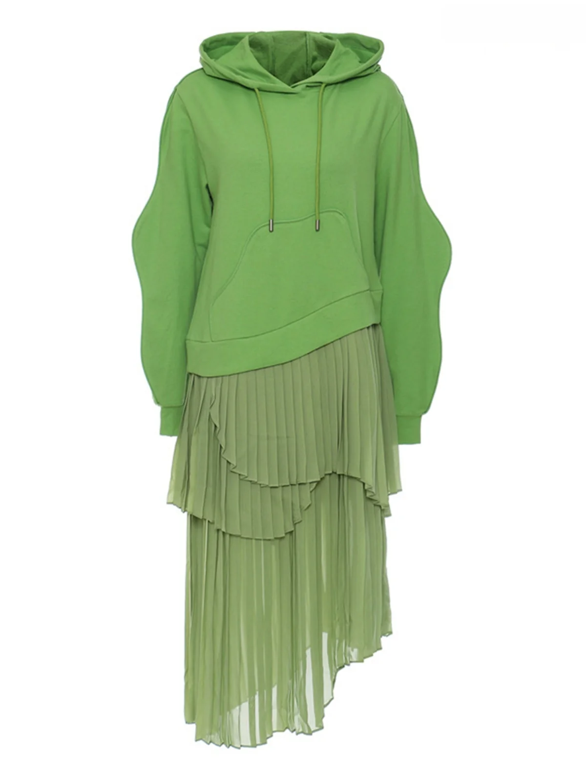 

Модное зеленое повседневное платье с высокой талией, асимметричным подолом, длинными рукавами, капюшоном, плиссированным шифоновым волнообразным низом, имитация двух частей