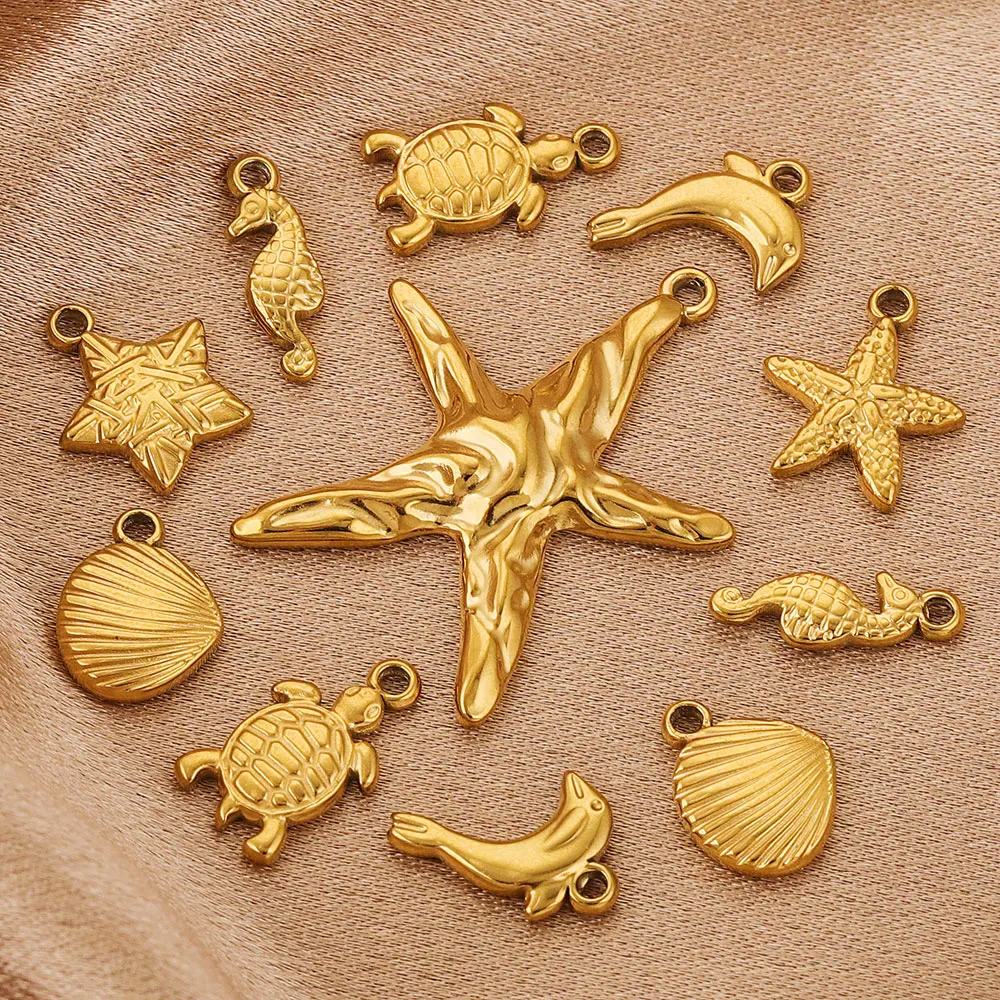 5pcs Stainless Steel Gold Plated PVD Charm Waterproof Starfish Dolphin Shell DIY Necklace Earrings Jewelry Accessories Wholesale