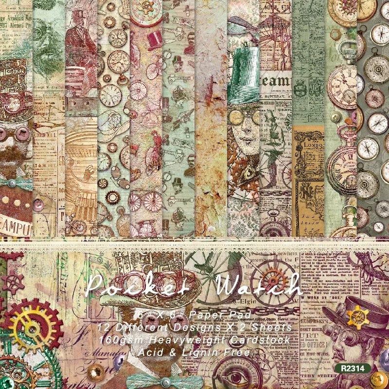 Steampunk Pocket Watch Gear Vintage Script Scrapbook Paper Pad Collage DIY Craft Embellishment Invitation Cardmaking