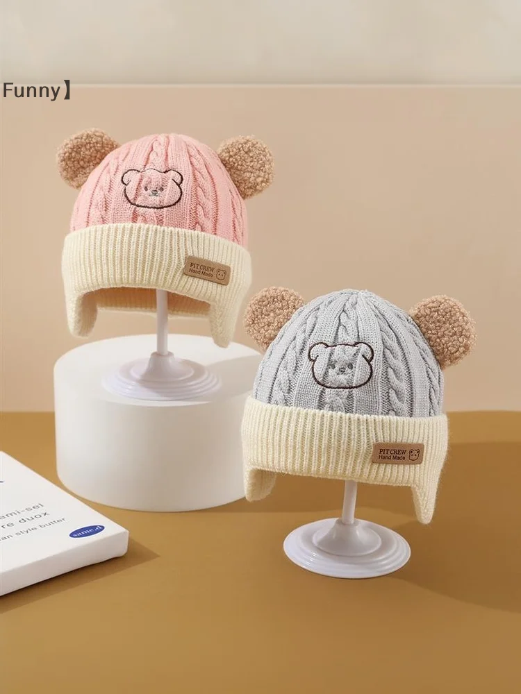 귀여운 곰 귀 보호 모자 어린이 겨울 야외 두꺼운 따뜻한 아기 울 니트 모자