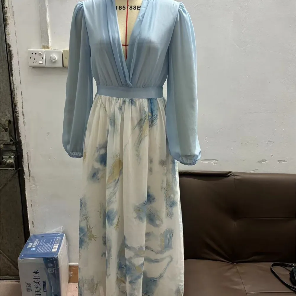 Vestido largo informal para mujer, ropa holgada informal elegante con estampado digital, vestidos de cintura alta con cuello en V y manga larga