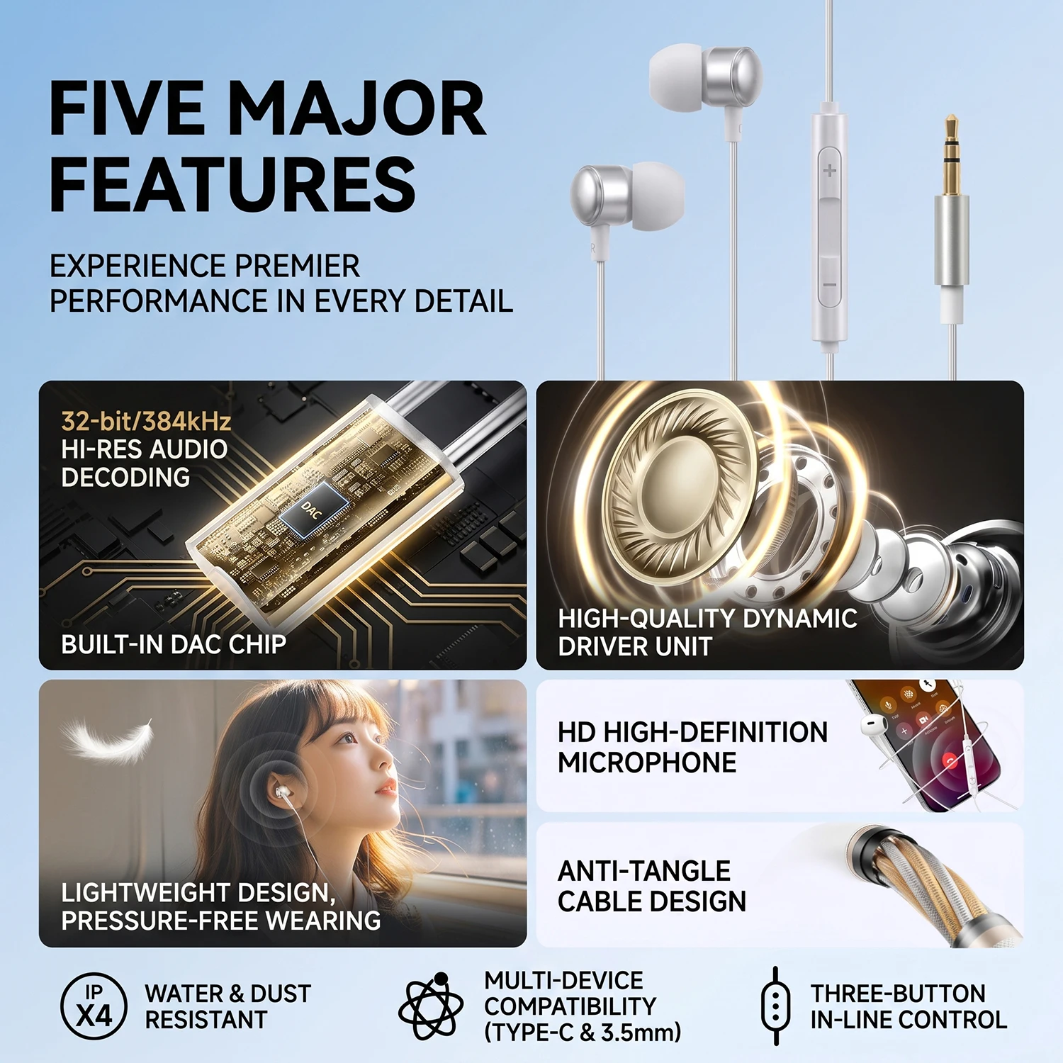 USB Type C Wired Headphones For iPhone 17 16 15 Hifi Bass Stereo Volume Control Mic 3.5Mm Earphones For Galaxy S26 S25 S24 Ultra