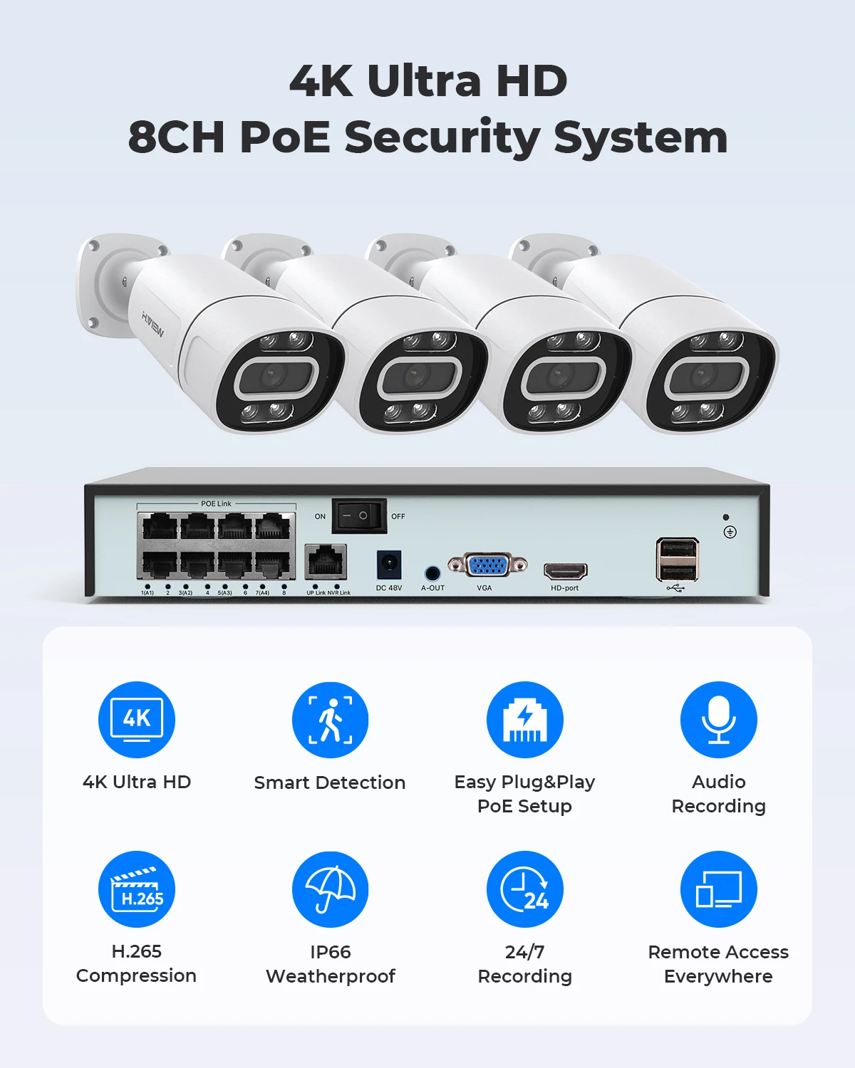 Imagem -04 - View Kit Câmeras Segurança 4k 8mp 5mp Cctv Sistemas de Câmeras de Segurança em Casa Kit de Vigilância de Vídeo ao ar Livre Áudio Câmera ip Poe Nvr Conjunto Xmeye App h.