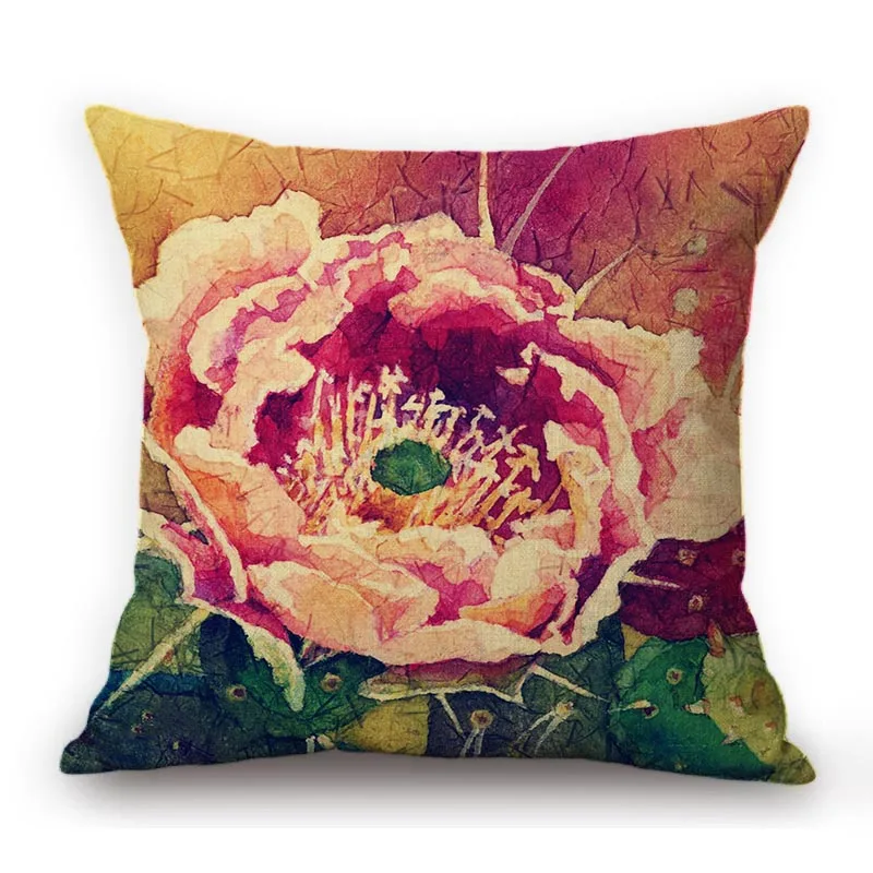 Yellow Cactus Flower Blossom Oil Painting Still Life Decoration Art Cotton Linen Sofa Throw Pillow Case Chair Seat Cushion Cover