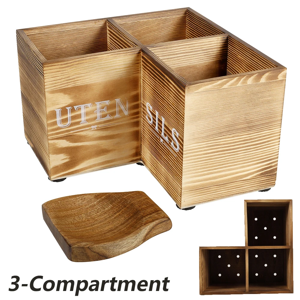 3 Grids Wood Corner Utensil Holder Vintage Kitchen Storage Stand with Spoon Rest Space Saving Tableware Stand for Cookware Tool