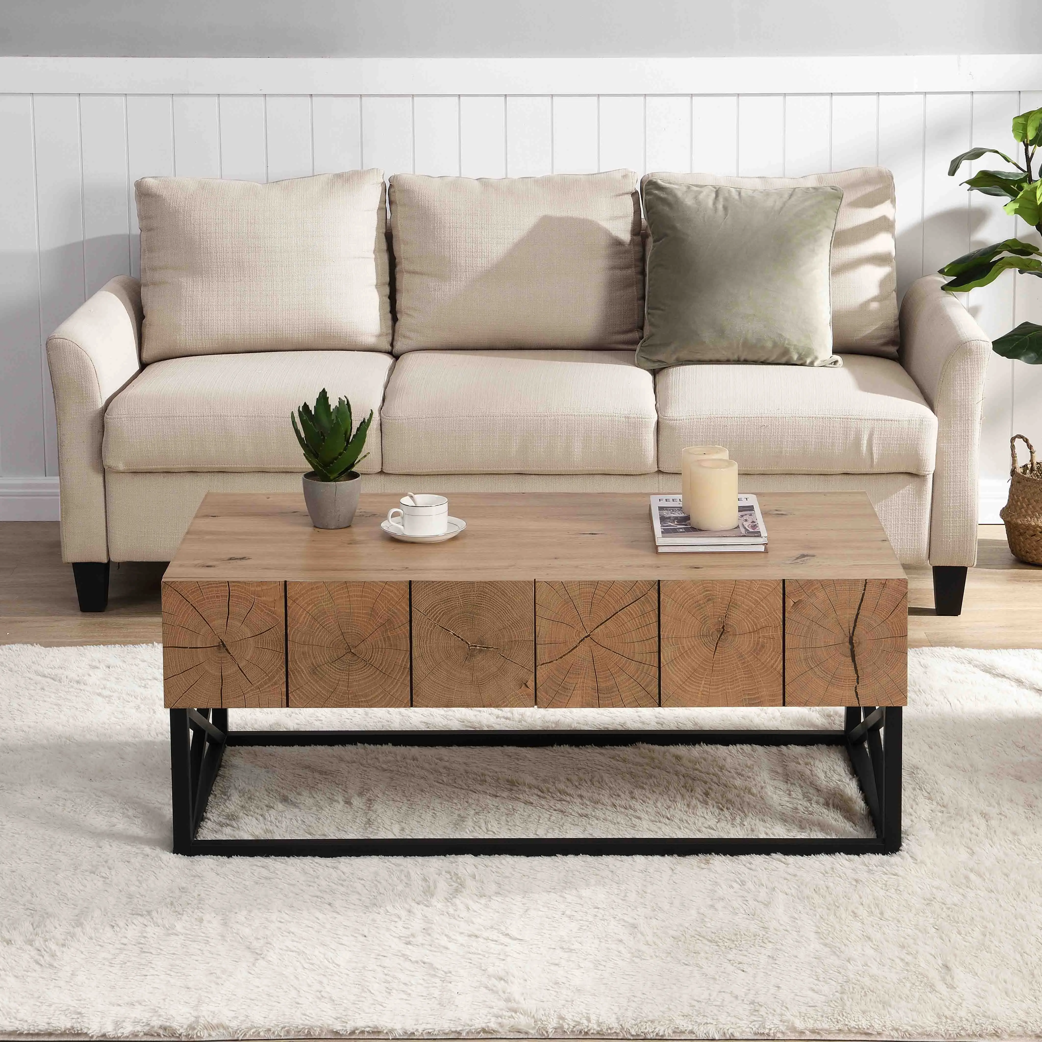 43.31'' Luxury Coffee Table with Two Drawers, Industrial Coffee Table for Living Room, Bedroom & Office