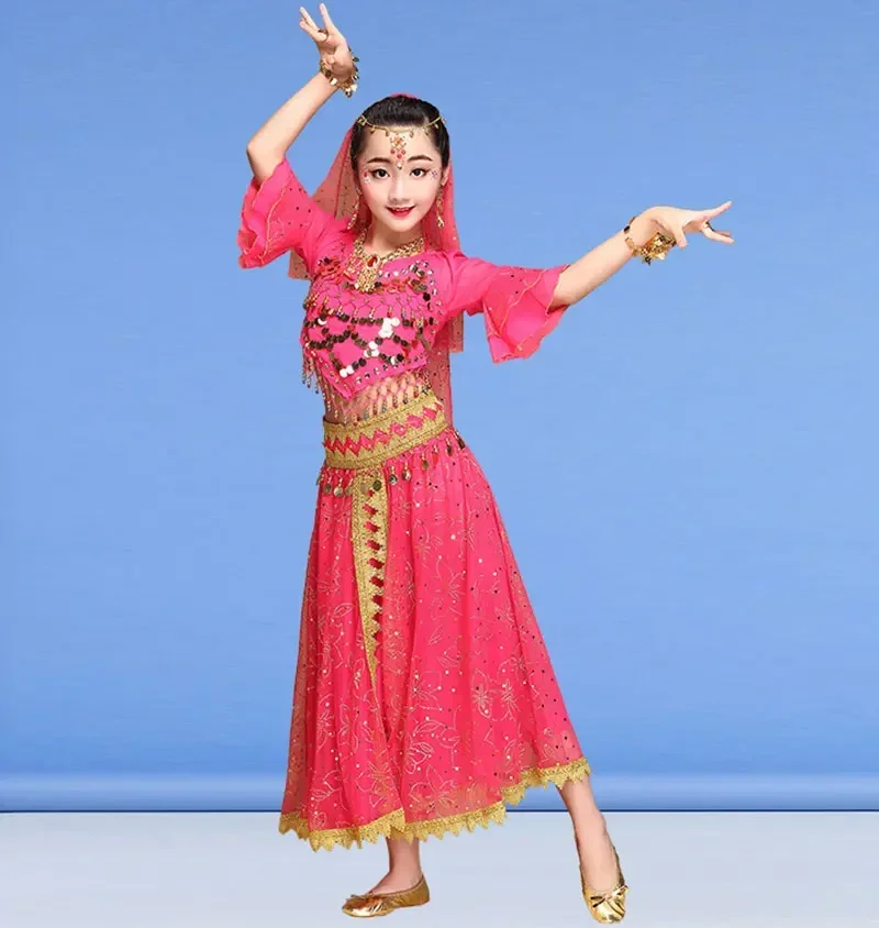 4PCS Girl Belly Dance Costumes for Children Belly Costumes Skirt Set Girls Bollywood Dancing Dress Kid Indian Stage Dance Suit