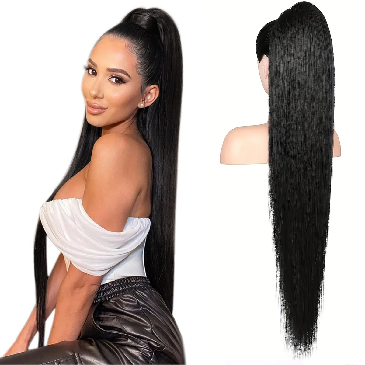 Ponytail Human Hair Extensions For Women Natural Black Color Straight Drawstring 22 24 26 Inches Human Hair Ponytail Extension