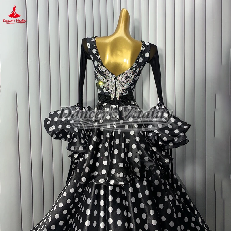 Vestidos de baile de salón estándar, vestidos grandes de lunares blancos y negros, ropa personalizada para adultos, vals, Tango, campeonato y actuaciones