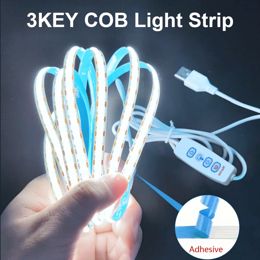 USB 5V COB Led Strip Dimmable LED Strip Lights 320 Leds/m Self-adhesive Flexible Led Ribbon for Kitchen Cabinet Mirror Bedroom