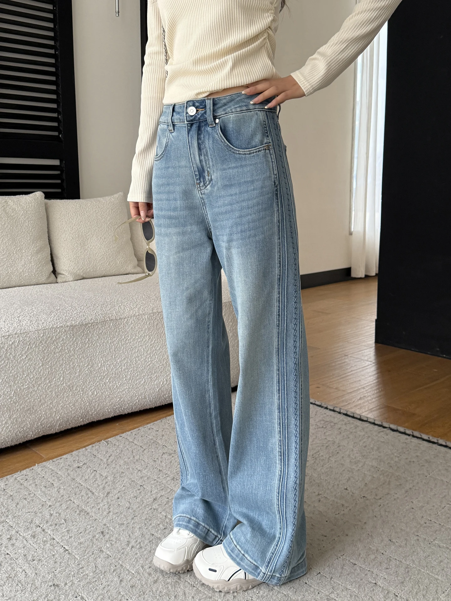

Slimming Effectiven Wide Leg Jeans Light Blue Loose Women's Straight Cut Spring New Sle High Waist Denim Pants
